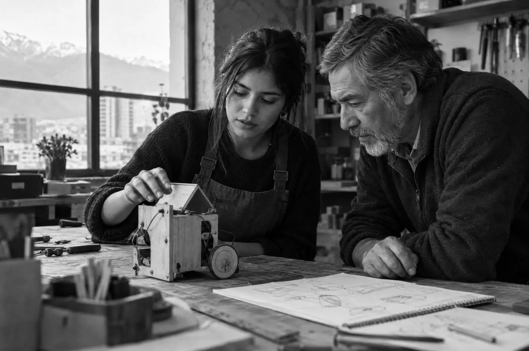 Una emprendedora y su mentor revisan un prototipo en un taller