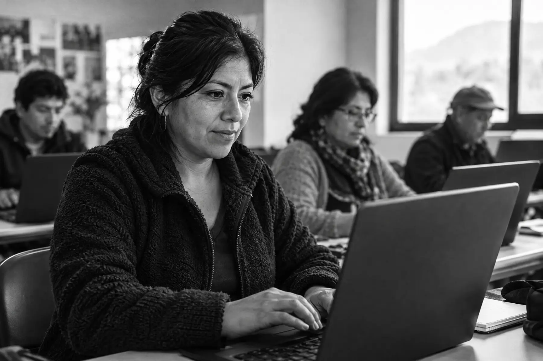 Una mujer aprende programación en un computador portátil en un centro comunitario