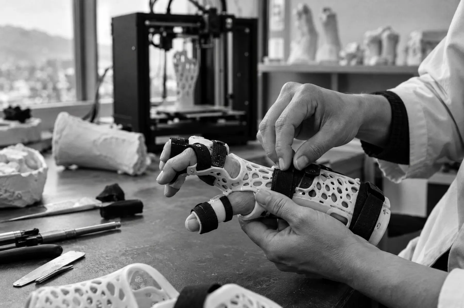 Manos de un técnico ajustan una órtesis de mano impresa en 3D